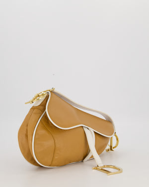Christian Dior Vintage John Galliano Medium Saddle Bag in Brown in Lambskin Leather with Gold Hardware and White Trim