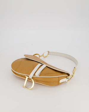 Christian Dior Vintage John Galliano Medium Saddle Bag in Brown in Lambskin Leather with Gold Hardware and White Trim