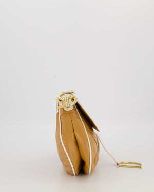 Christian Dior Vintage John Galliano Medium Saddle Bag in Brown in Lambskin Leather with Gold Hardware and White Trim