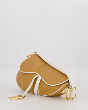 Christian Dior Vintage John Galliano Medium Saddle Bag in Brown in Lambskin Leather with Gold Hardware and White Trim