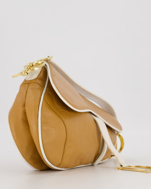 Christian Dior Vintage John Galliano Medium Saddle Bag in Brown in Lambskin Leather with Gold Hardware and White Trim