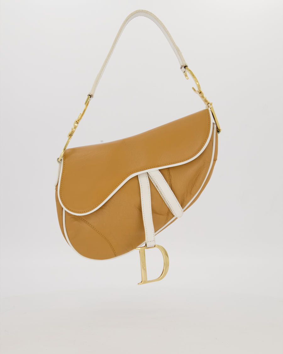 Christian Dior Vintage John Galliano Medium Saddle Bag in Brown in Lambskin Leather with Gold Hardware and White Trim