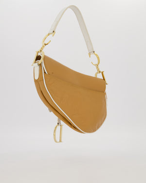 Christian Dior Vintage John Galliano Medium Saddle Bag in Brown in Lambskin Leather with Gold Hardware and White Trim