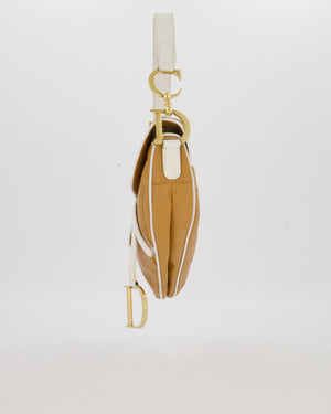 Christian Dior Vintage John Galliano Medium Saddle Bag in Brown in Lambskin Leather with Gold Hardware and White Trim