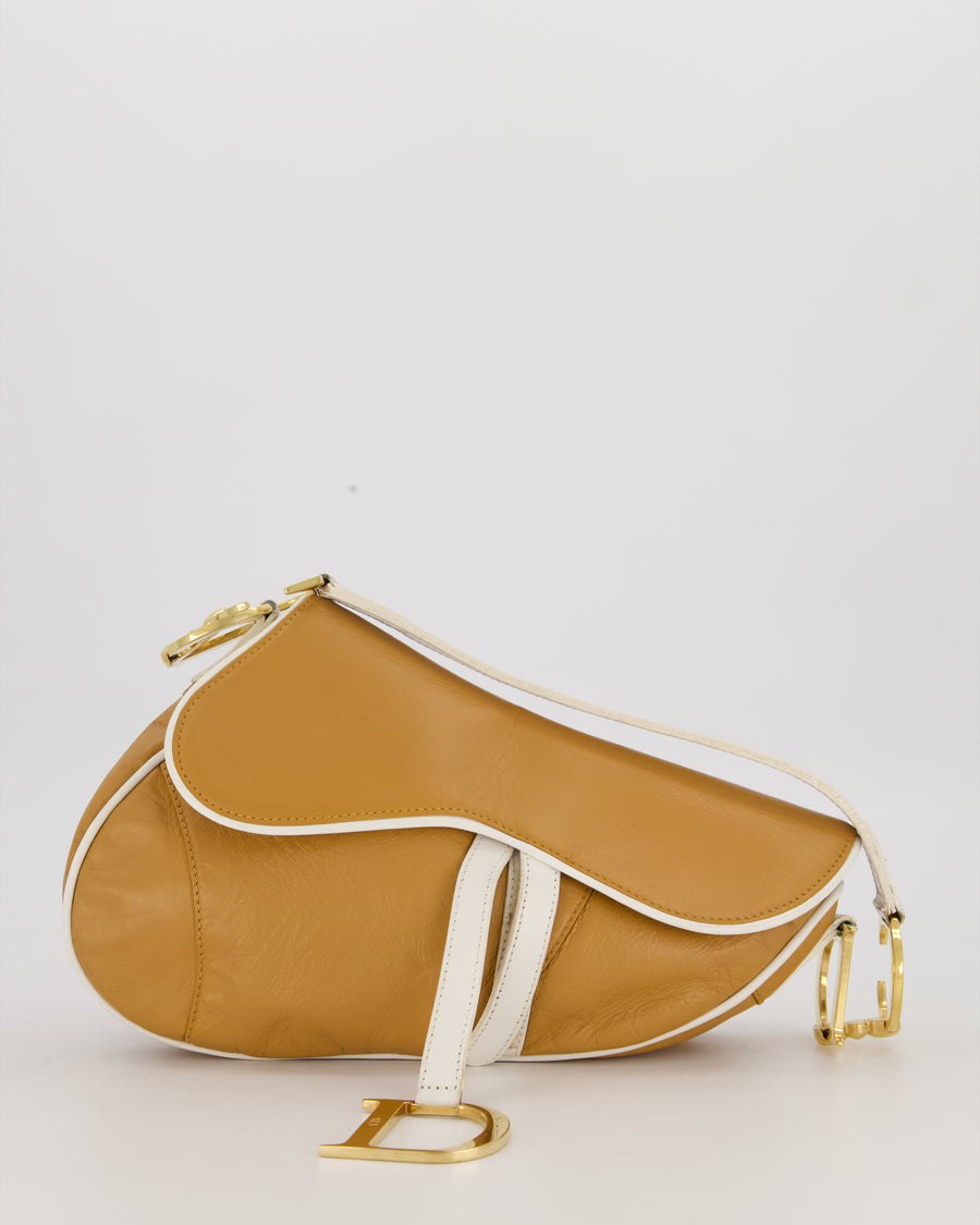 Christian Dior Vintage John Galliano Medium Saddle Bag in Brown in Lambskin Leather with Gold Hardware and White Trim