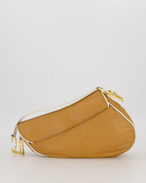 Christian Dior Vintage John Galliano Medium Saddle Bag in Brown in Lambskin Leather with Gold Hardware and White Trim