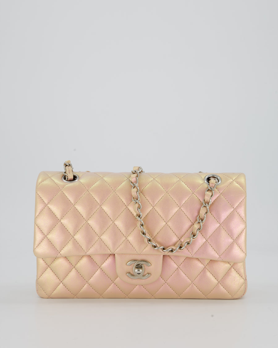 Chanel Iridescent Pink Medium Double Flap Bag In Lambskin Leather With Gold Hardware