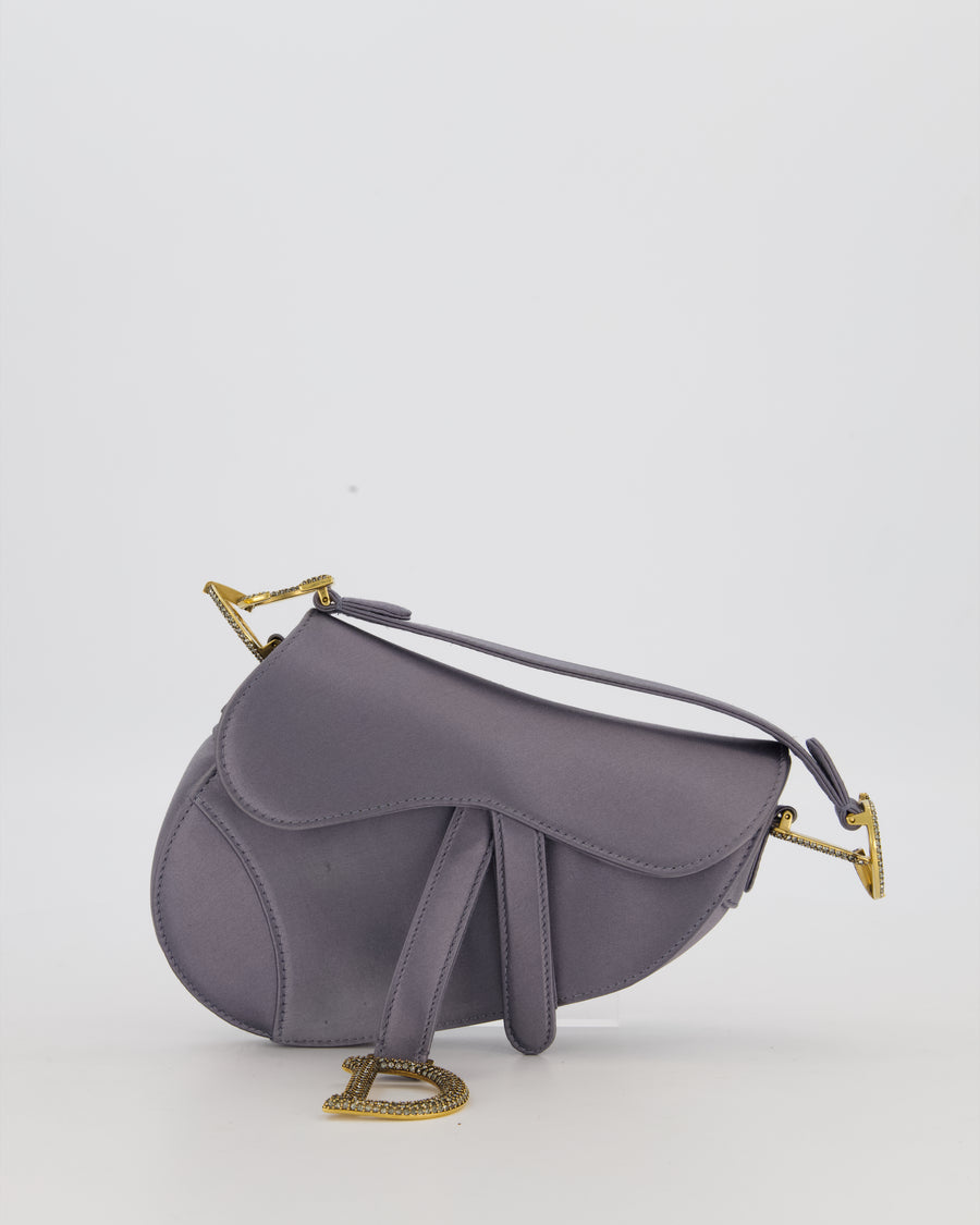 Christian Dior Grey Mini Saddle Bag in Satin with Diamante Crystal Hardware