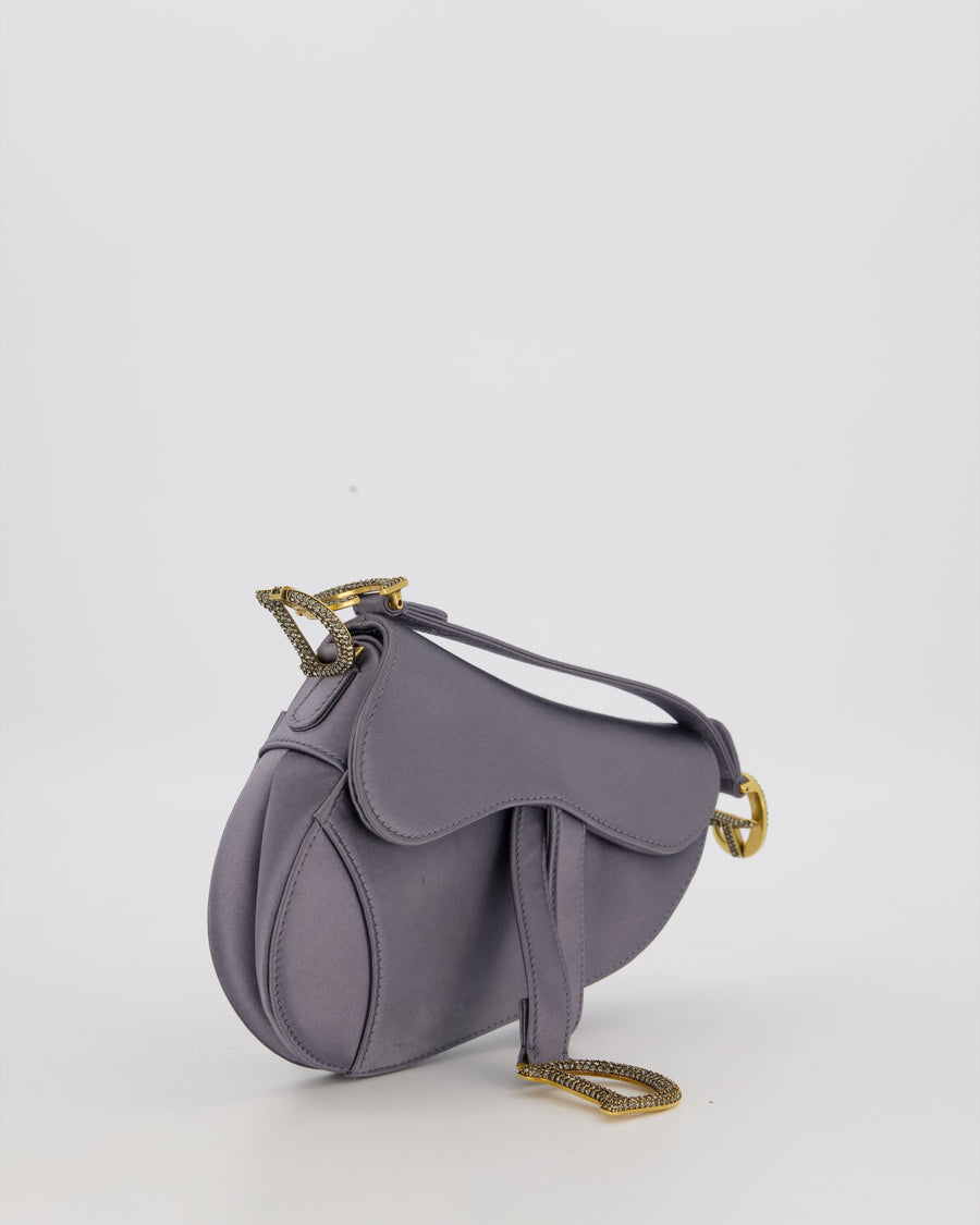 Christian Dior Grey Mini Saddle Bag in Satin with Diamante Crystal Hardware