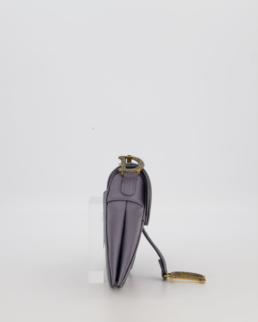 Christian Dior Grey Mini Saddle Bag in Satin with Diamante Crystal Hardware