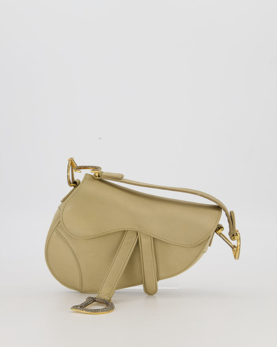 Christian Dior Light Gold Mini Saddle Bag in Satin with Diamante Crystal Hardware