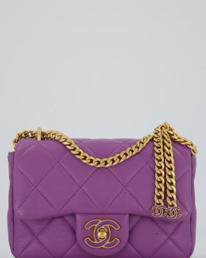 Chanel Purple Quilted Mini Square Chain Single Flap Bag In Lambskin Leather With Gold Hardware
