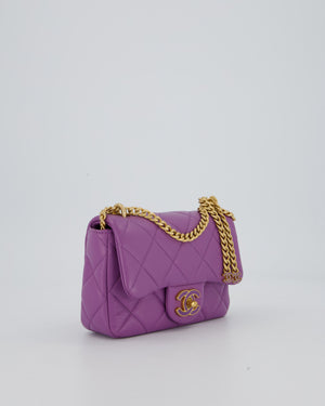 Chanel Purple Quilted Mini Square Chain Single Flap Bag In Lambskin Leather With Gold Hardware