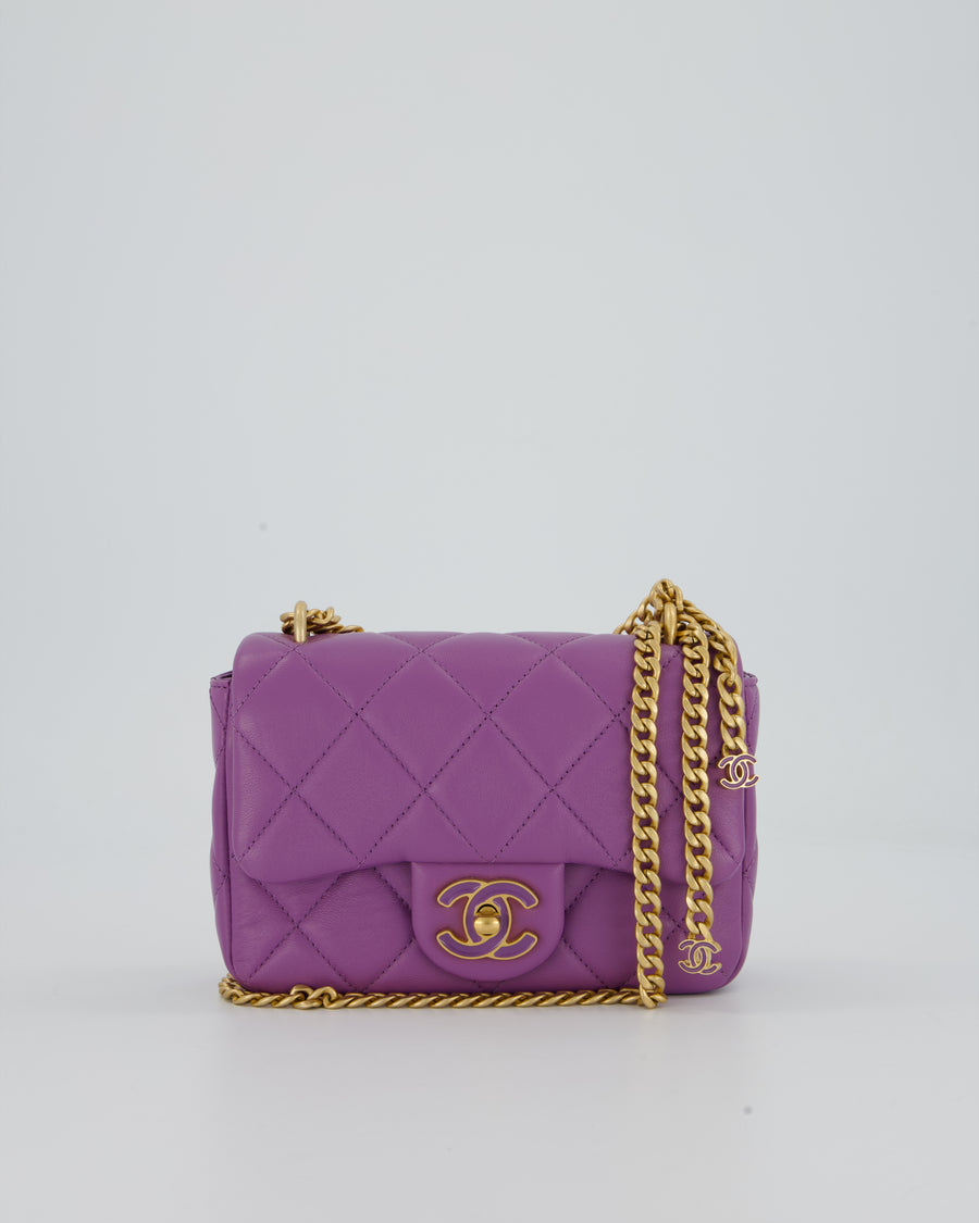 Chanel Purple Quilted Mini Square Chain Single Flap Bag In Lambskin Leather With Gold Hardware