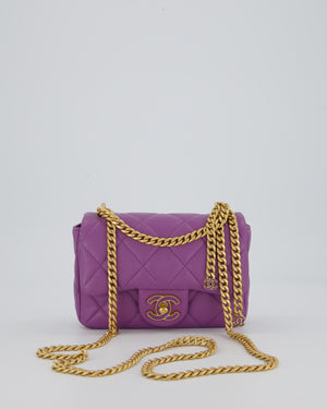 Chanel Purple Quilted Mini Square Chain Single Flap Bag In Lambskin Leather With Gold Hardware