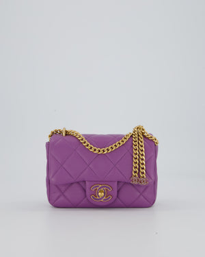 Chanel Purple Quilted Mini Square Chain Single Flap Bag In Lambskin Leather With Gold Hardware