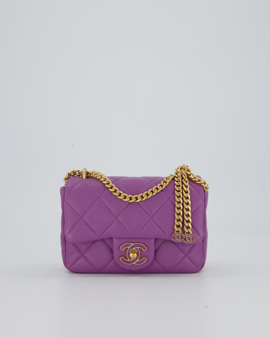 Chanel Purple Quilted Mini Square Chain Single Flap Bag In Lambskin Leather With Gold Hardware