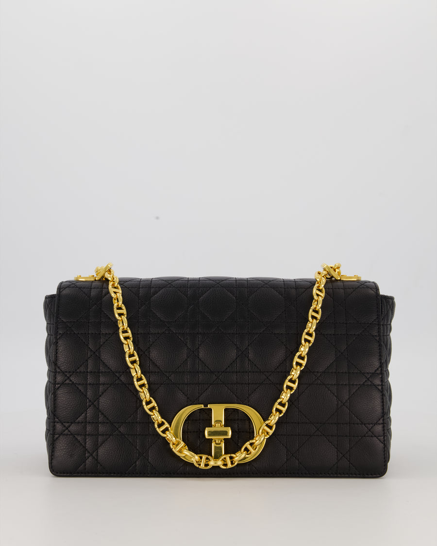 Christian Dior Black Calfskin Leather Caro Bag with Gold Hardware