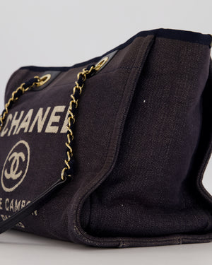 Chanel Navy Small Deauville Tote Bag in Denim Cloth with Gold Hardware