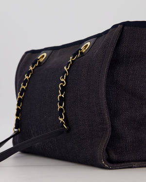 Chanel Navy Small Deauville Tote Bag in Denim Cloth with Gold Hardware