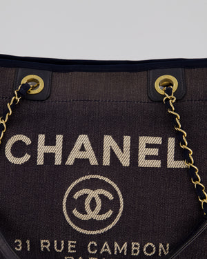 Chanel Navy Small Deauville Tote Bag in Denim Cloth with Gold Hardware