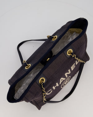 Chanel Navy Small Deauville Tote Bag in Denim Cloth with Gold Hardware