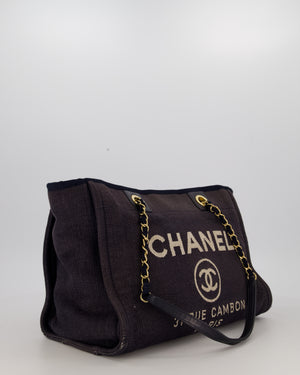 Chanel Navy Small Deauville Tote Bag in Denim Cloth with Gold Hardware