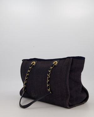 Chanel Navy Small Deauville Tote Bag in Denim Cloth with Gold Hardware