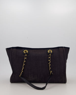 Chanel Navy Small Deauville Tote Bag in Denim Cloth with Gold Hardware
