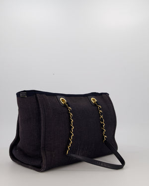 Chanel Navy Small Deauville Tote Bag in Denim Cloth with Gold Hardware