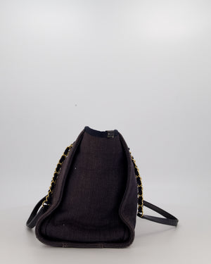 Chanel Navy Small Deauville Tote Bag in Denim Cloth with Gold Hardware
