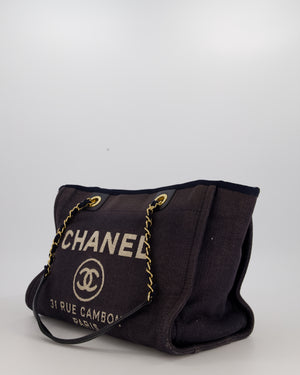 Chanel Navy Small Deauville Tote Bag in Denim Cloth with Gold Hardware