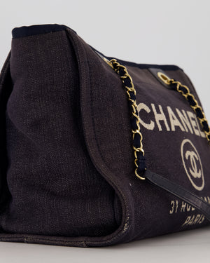 Chanel Navy Small Deauville Tote Bag in Denim Cloth with Gold Hardware