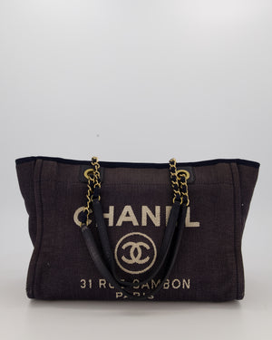 Chanel Navy Small Deauville Tote Bag in Denim Cloth with Gold Hardware