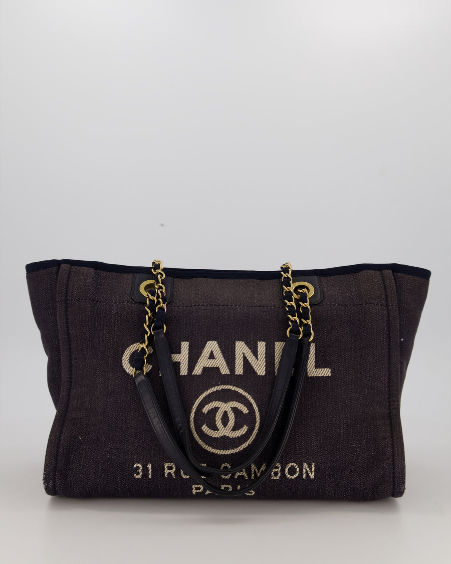 Chanel Navy Small Deauville Tote Bag in Denim Cloth with Gold Hardware