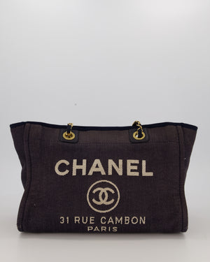 Chanel Navy Small Deauville Tote Bag in Denim Cloth with Gold Hardware