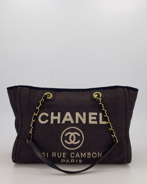 Chanel Navy Small Deauville Tote Bag in Denim Cloth with Gold Hardware