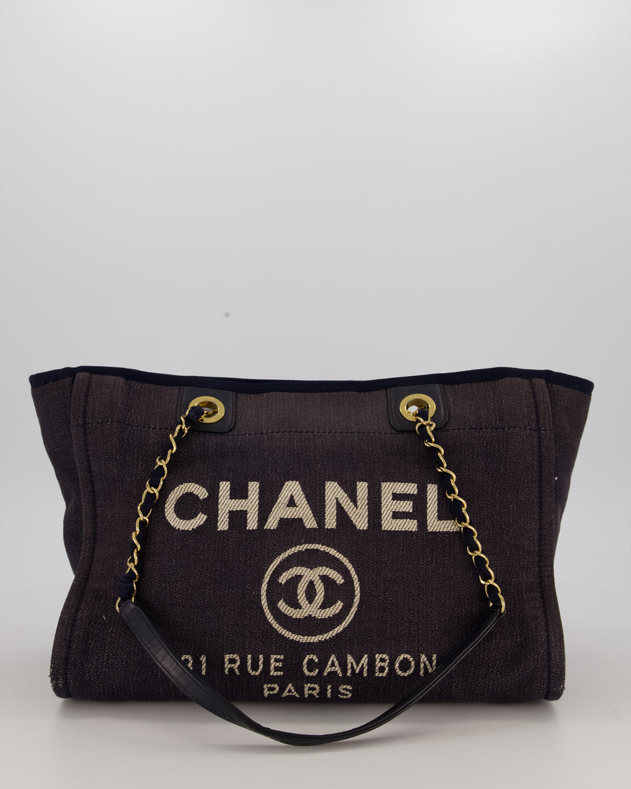 Chanel Navy Small Deauville Tote Bag in Denim Cloth with Gold Hardware