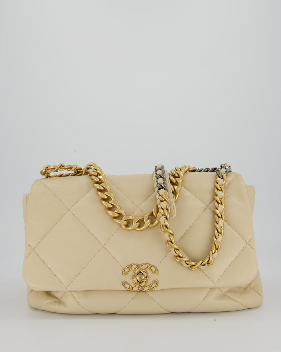 Chanel Beige 19 Maxi Flap Bag In Lambskin Leather With Mixed Hardware