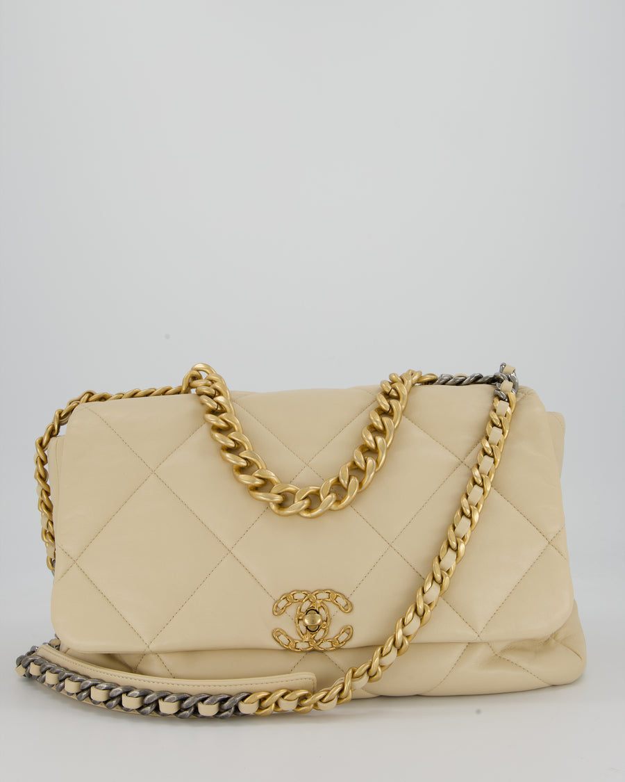 Chanel Beige 19 Maxi Flap Bag In Lambskin Leather With Mixed Hardware