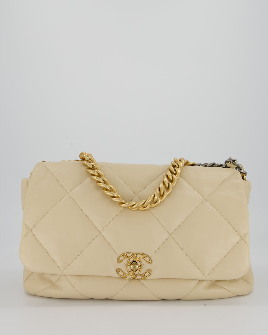 Chanel Beige 19 Maxi Flap Bag In Lambskin Leather With Mixed Hardware