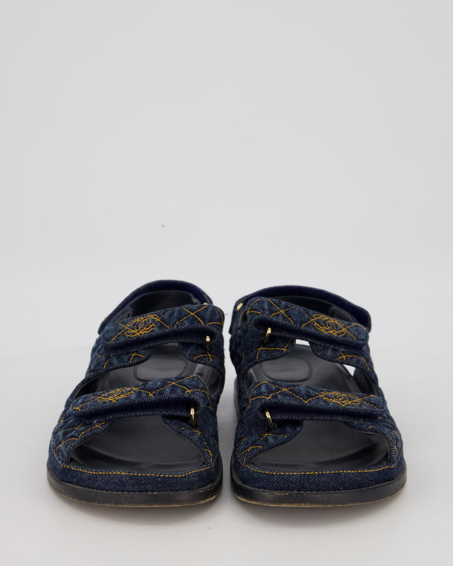 Chanel Blue Denim Quilted Dad Sandals With Gold CC Logo Size EU 41.5