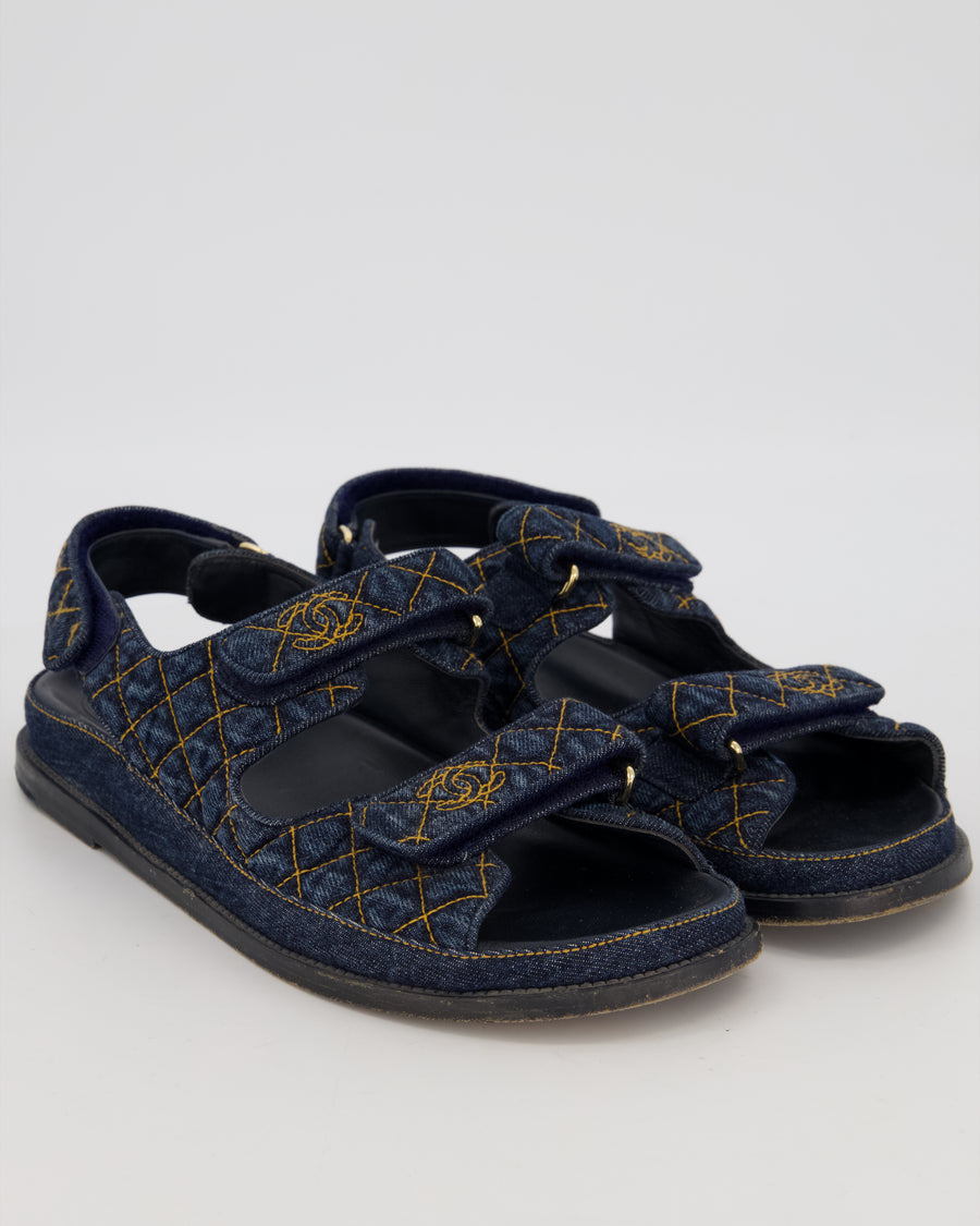 Chanel Blue Denim Quilted Dad Sandals With Gold CC Logo Size EU 41.5