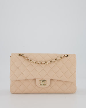 Chanel Medium Classic Double Flap Bag in Beige Caviar Leather with Champagne Gold Hardware