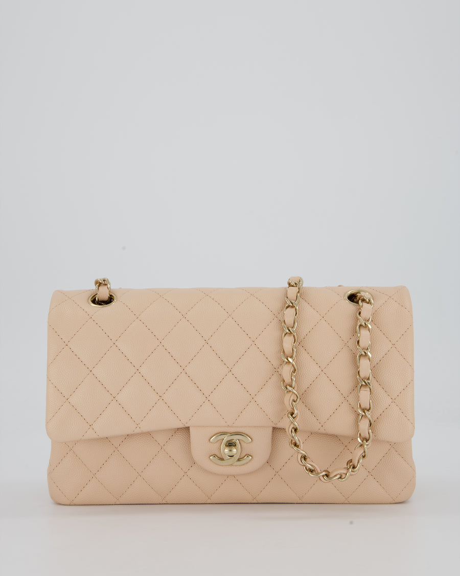 Chanel Medium Classic Double Flap Bag in Beige Caviar Leather with Champagne Gold Hardware