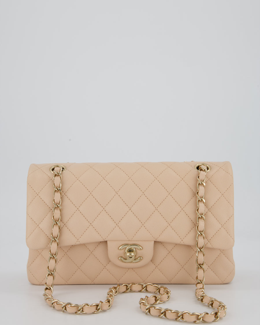 Chanel Medium Classic Double Flap Bag in Beige Caviar Leather with Champagne Gold Hardware