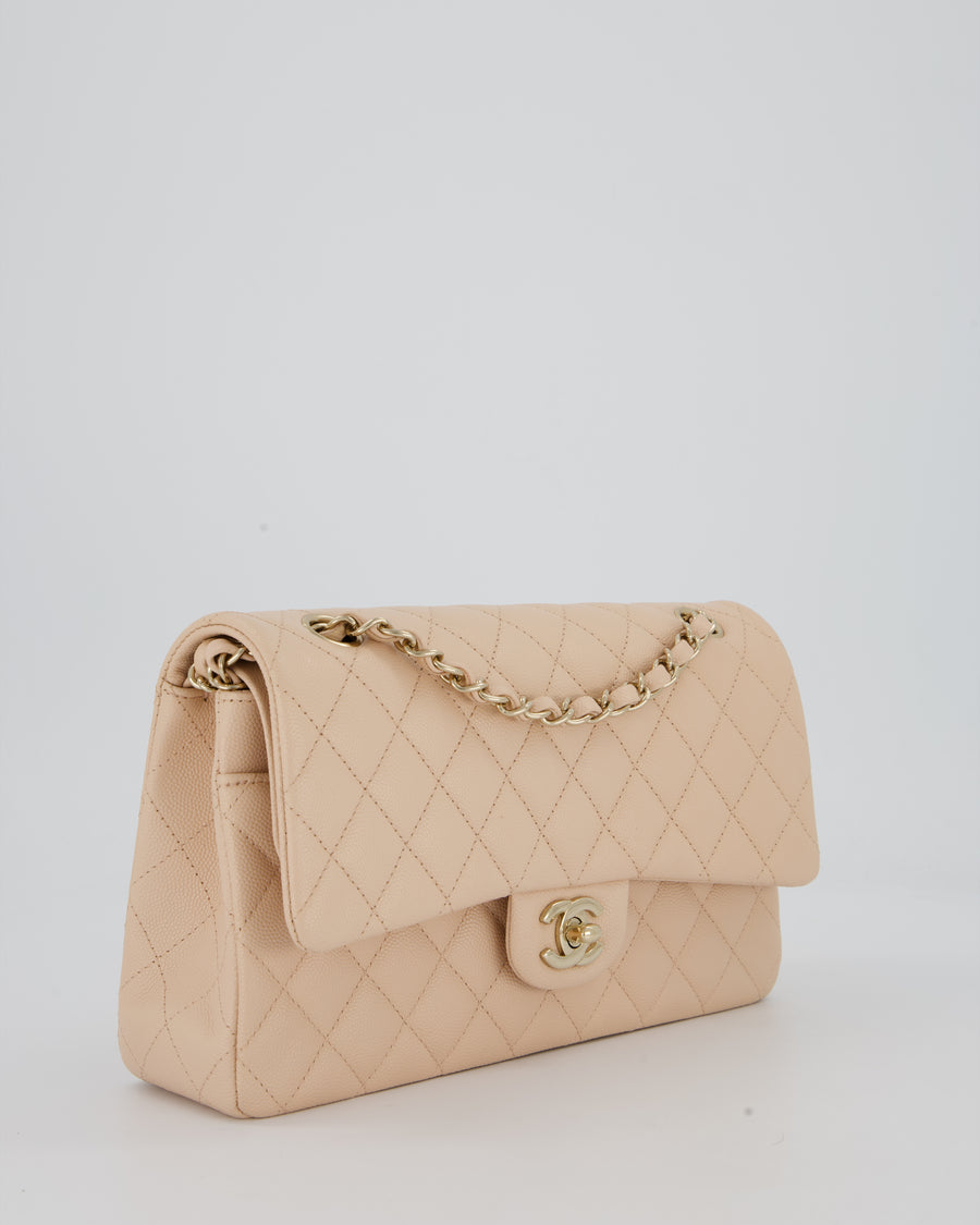 Chanel Medium Classic Double Flap Bag in Beige Caviar Leather with Champagne Gold Hardware