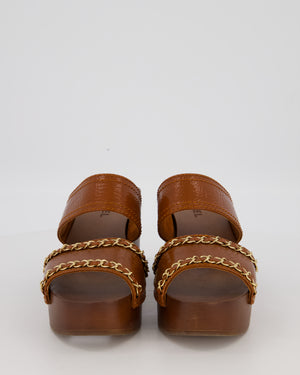 Chanel Brown Clog Sandals In Crackled Leather With Gold Chain Details Size EU 42