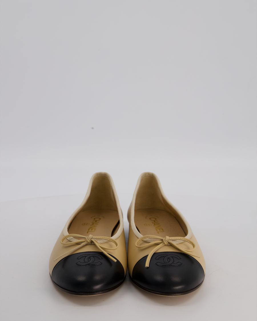 Chanel Beige Ballet Flats With Black Toecap and CC Logo In Lambskin Leather Size EU 41.5C £820