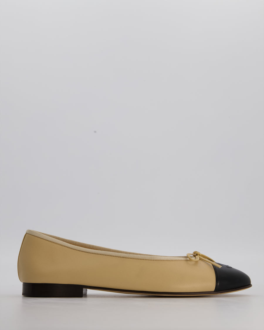 Chanel Beige Ballet Flats With Black Toecap and CC Logo In Lambskin Leather Size EU 41.5C £820
